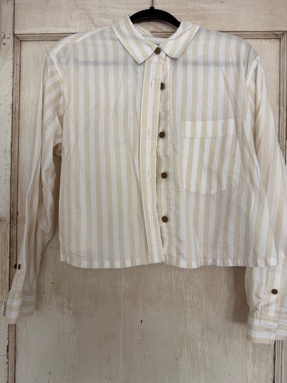 Everlane Beige and White Striped Cropped Button-Down Shirt